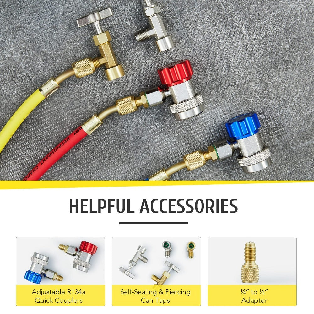AC Manifold Gauge Set for R134a R12 R502 Refrigerant, 3 Way Car with 5FT Hoses Couplers & Adapter, Puncturing & Self Sealing Can Tap Freon Charge Kit